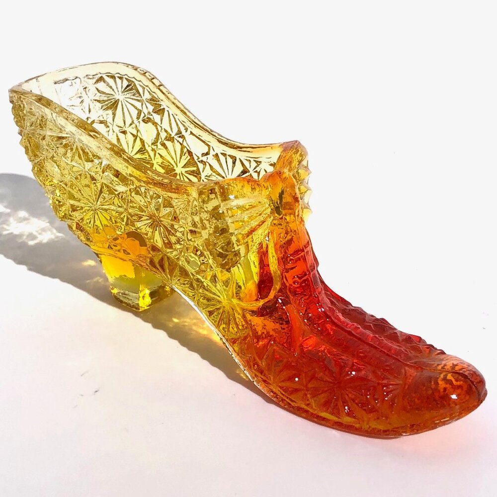 Vintage Kanawha Glass Slipper With Bow Amberina Daisy and Button Cadmium Glow